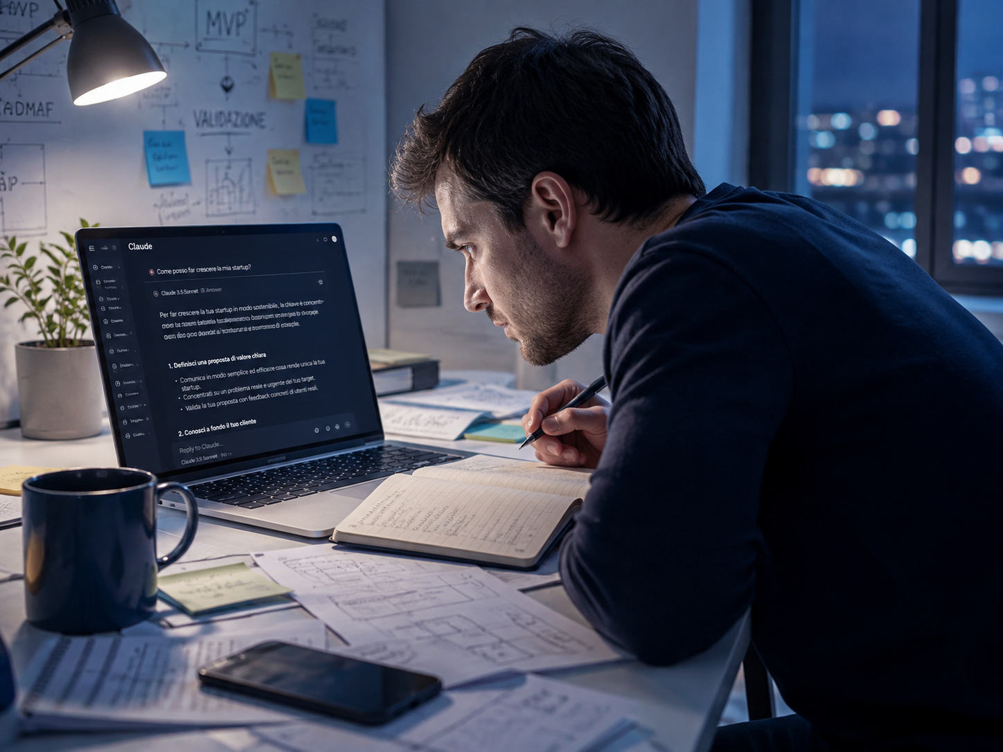 Founder al lavoro di notte sul proprio progetto con l'AI
